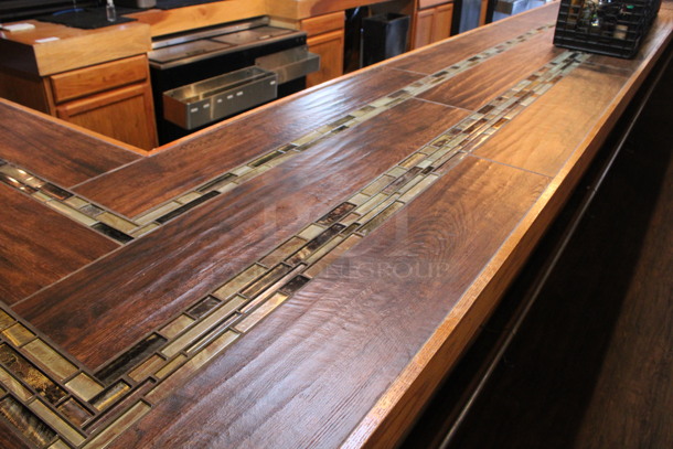Wooden L Shaped Bar w/ Metal Foot Rail. Contents Are Not Included. BUYER MUST REMOVE. 47'x6'x3.5'. (bar) - Image 6 of 9