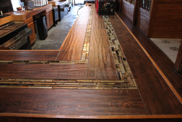 Wooden L Shaped Bar w/ Metal Foot Rail. Contents Are Not Included. BUYER MUST REMOVE. 47'x6'x3.5'. (bar) - Image 7 of 9