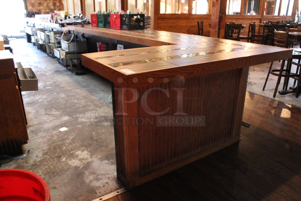Wooden L Shaped Bar w/ Metal Foot Rail. Contents Are Not Included. BUYER MUST REMOVE. 47'x6'x3.5'. (bar) - Image 8 of 9