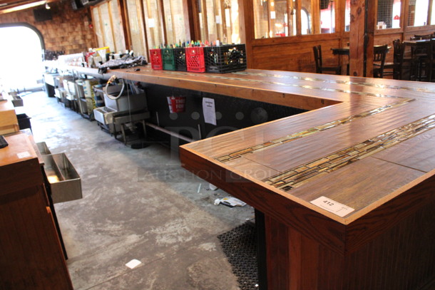 Wooden L Shaped Bar w/ Metal Foot Rail. Contents Are Not Included. BUYER MUST REMOVE. 47'x6'x3.5'. (bar) - Image 9 of 9