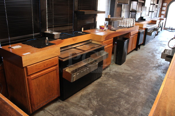 Wooden Countertop. Does Not Include Contents or Beer Tower / Drip Tray. BUYER MUST REMOVE. 39'x2'3.5'. (bar)