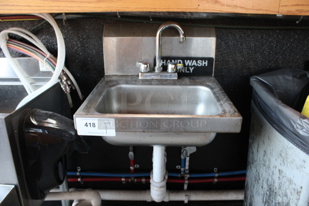 Stainless Steel Commercial Wall Mount Single Bay Sink w/ Faucet and Handles. BUYER MUST REMOVE. 17x17x18. (bar)
