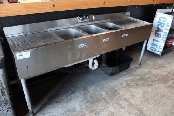 Krowne Stainless Steel Commercial 3 Bay Back Bar Sink w/ Dual Drainboards, Faucet and Handles. BUYER MUST REMOVE. 72x18.5x32.5. Bays 10x14x9. Drainboards 17x16x1. (bar)