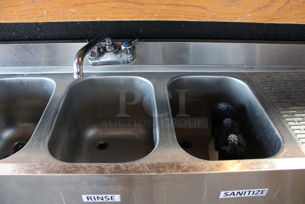Krowne Stainless Steel Commercial 3 Bay Back Bar Sink w/ Dual Drainboards, Faucet and Handles. BUYER MUST REMOVE. 72x18.5x32.5. Bays 10x14x9. Drainboards 17x16x1. (bar) - Image 3 of 6