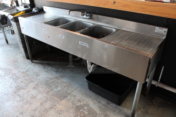 Krowne Stainless Steel Commercial 3 Bay Back Bar Sink w/ Dual Drainboards, Faucet and Handles. BUYER MUST REMOVE. 72x18.5x32.5. Bays 10x14x9. Drainboards 17x16x1. (bar) - Image 4 of 6