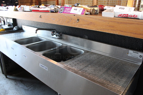 Krowne Stainless Steel Commercial 3 Bay Back Bar Sink w/ Dual Drainboards, Faucet and Handles. BUYER MUST REMOVE. 72x18.5x32.5. Bays 10x14x9. Drainboards 17x16x1. (bar) - Image 5 of 6