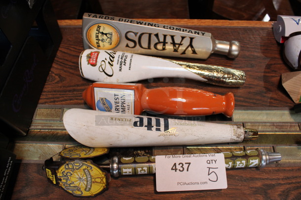 5 Various Beer Tap Handles; Yards, Stella Artois, Blue Moon, Miller Lite and Circus Boy. Includes 14