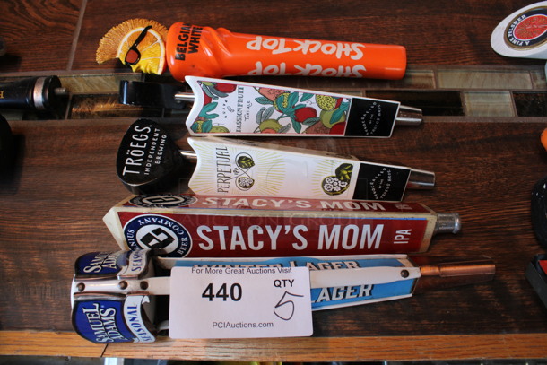 5 Various Beer Tap Handles; Belgian White, Passion Fruit, Troegs, Stacy's Mom and Samuel Adams. Includes 13