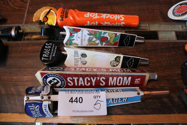 5 Various Beer Tap Handles; Belgian White, Passion Fruit, Troegs, Stacy's Mom and Samuel Adams. Includes 13". 5 Times Your Bid! (bar) - Image 1 of 4
