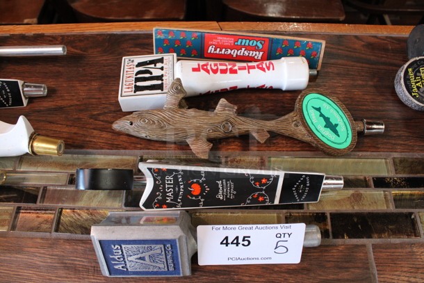 5 Various Beer Tap Handles; Raspberry, Laguintas, Dogfish, Master and Aldus. Includes 11