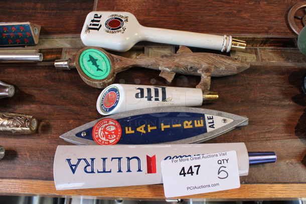 5 Various Beer Tap Handles; Miller Lite, Dogfish, Fattire Ale and Michelob. Includes 11