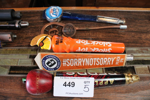 5 Various Beer Tap Handles; Miller Lite, Magic Hat, Belgian White, Evil Genius and Redds. Includes 13". 5 Times Your Bid! (bar)