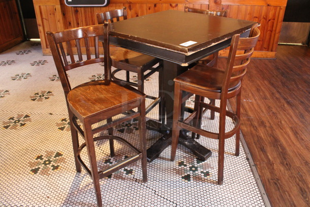 ALL ONE MONEY! Lot of Bar Height Table and 4 Wooden Bar Height Chairs. 36x36x43, 17x18x44. (dining room)