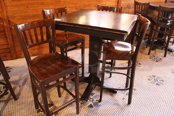 ALL ONE MONEY! Lot of Bar Height Table and 4 Wooden Bar Height Chairs. 36x36x43, 17x18x44. (dining room)