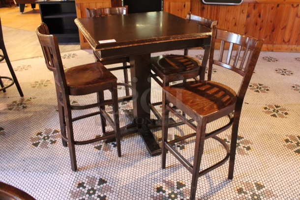 ALL ONE MONEY! Lot of Bar Height Table and 4 Wooden Bar Height Chairs. 36x36x43, 17x18x44. (dining room)