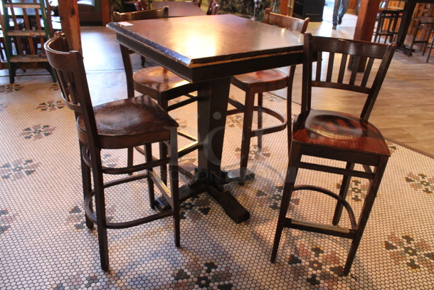 ALL ONE MONEY! Lot of Bar Height Table and 4 Wooden Bar Height Chairs. 36x36x43, 17x18x44. (dining room)
