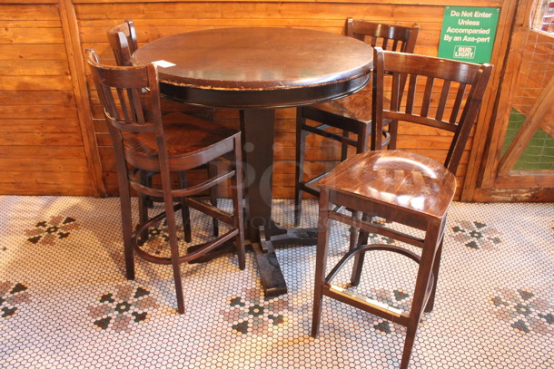ALL ONE MONEY! Lot of Round Bar Height Table and 4 Wooden Bar Height Chairs. 42x42x43, 17x18x44. (dining room)