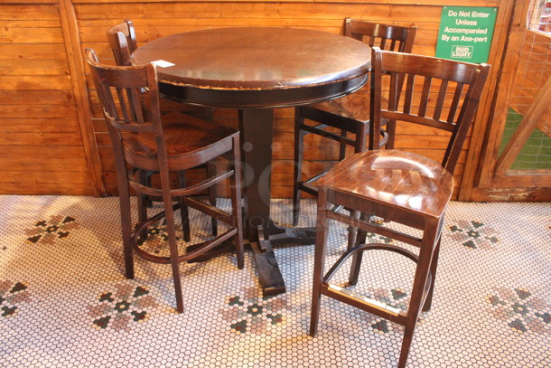 ALL ONE MONEY! Lot of Round Bar Height Table and 4 Wooden Bar Height Chairs. 42x42x43, 17x18x44. (dining room) - Image 1 of 5