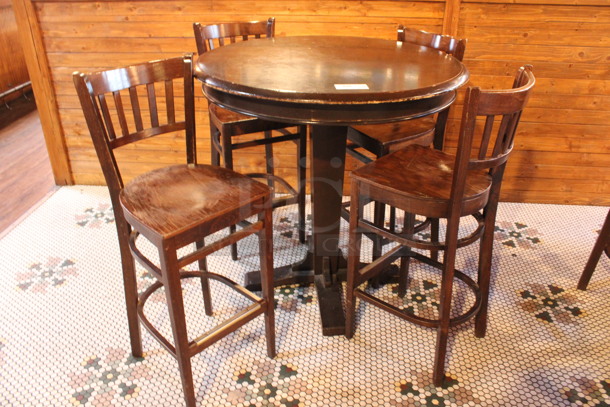 ALL ONE MONEY! Lot of Round Bar Height Table and 4 Wooden Bar Height Chairs. 42x42x43, 17x18x44. (dining room)