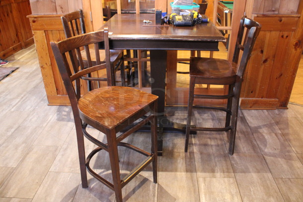 ALL ONE MONEY! Lot of Bar Height Table and 4 Wooden Bar Height Chairs. 36x36x43, 17x18x44. (dining room)