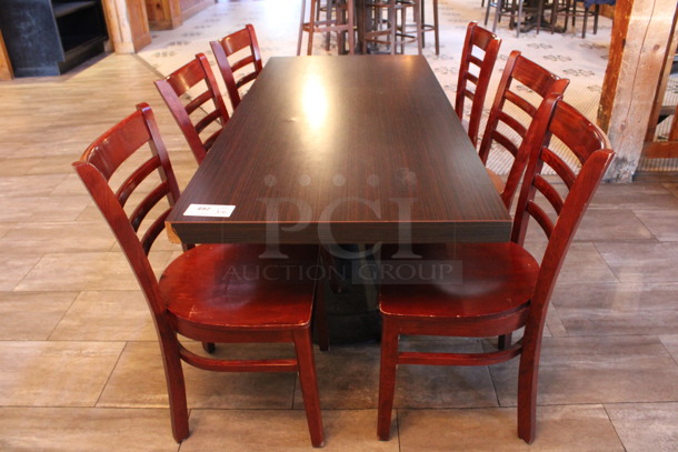 ALL ONE MONEY! Lot of Dining Height Table and 6 Wooden Dining Height Chairs. 64x28x29, 17x17x33. (dining room)