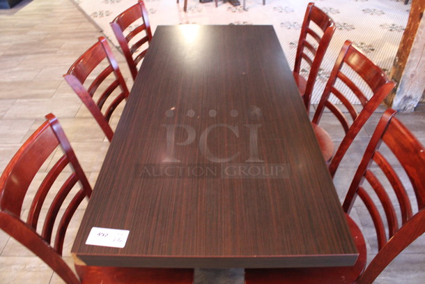 ALL ONE MONEY! Lot of Dining Height Table and 6 Wooden Dining Height Chairs. 64x28x29, 17x17x33. (dining room) - Image 2 of 3