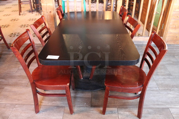 ALL ONE MONEY! Lot of Dining Height Table and 6 Wooden Dining Height Chairs. 64x35x29, 17x17x33. (dining room)