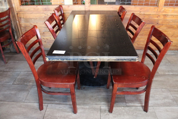 ALL ONE MONEY! Lot of Dining Height Table and 6 Wooden Dining Height Chairs. 64x30x30, 17x17x33. (dining room)