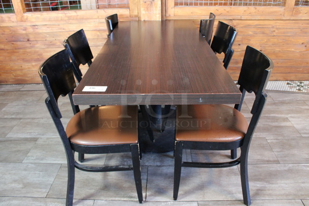 ALL ONE MONEY! Lot of Dining Height Table and 6 Wooden Dining Height Chairs. 64x28x29, 17x17x33. (dining room)