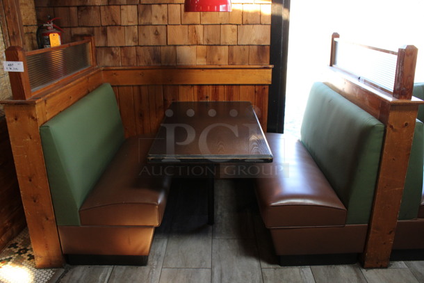 ALL ONE MONEY! Lot of Two Single Sided Green and Brown Booth Seats w/ Wall Mount Table and 2 Wooden End Caps. BUYER MUST REMOVE. 51x31x53, 48x27x30. (dining room)