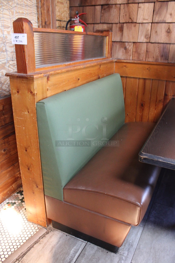 ALL ONE MONEY! Lot of Two Single Sided Green and Brown Booth Seats w/ Wall Mount Table and 2 Wooden End Caps. BUYER MUST REMOVE. 51x31x53, 48x27x30. (dining room) - Image 2 of 5