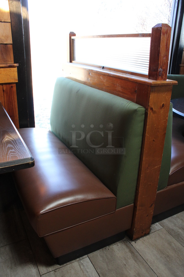 ALL ONE MONEY! Lot of Two Single Sided Green and Brown Booth Seats w/ Wall Mount Table and 2 Wooden End Caps. BUYER MUST REMOVE. 51x31x53, 48x27x30. (dining room) - Image 3 of 5