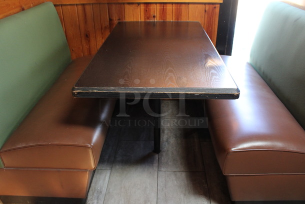 ALL ONE MONEY! Lot of Two Single Sided Green and Brown Booth Seats w/ Wall Mount Table and 2 Wooden End Caps. BUYER MUST REMOVE. 51x31x53, 48x27x30. (dining room) - Image 4 of 5