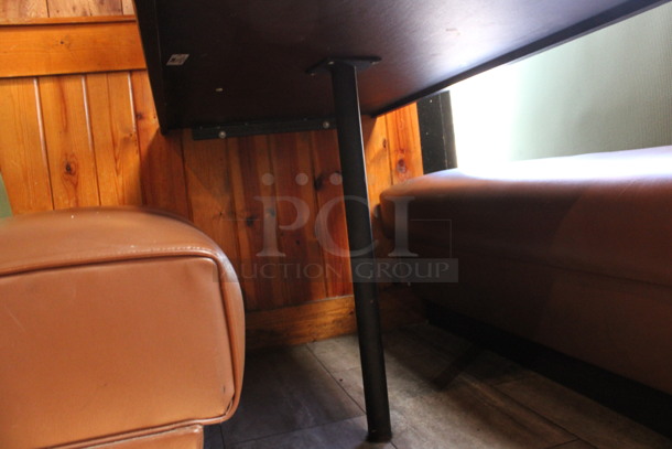 ALL ONE MONEY! Lot of Two Single Sided Green and Brown Booth Seats w/ Wall Mount Table and 2 Wooden End Caps. BUYER MUST REMOVE. 51x31x53, 48x27x30. (dining room) - Image 5 of 5
