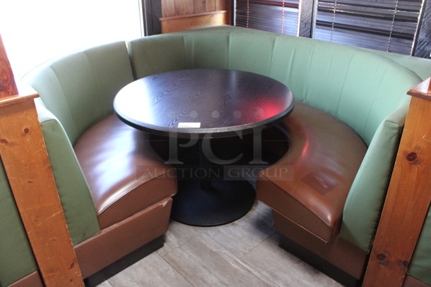 ALL ONE MONEY! Lot of Two Single Sided C Shaped Green and Brown Booth Seats w/ Round Dining Height Table. BUYER MUST REMOVE. 48x42x36, 48x84x36, 41.5x41.5x30. (dining room)