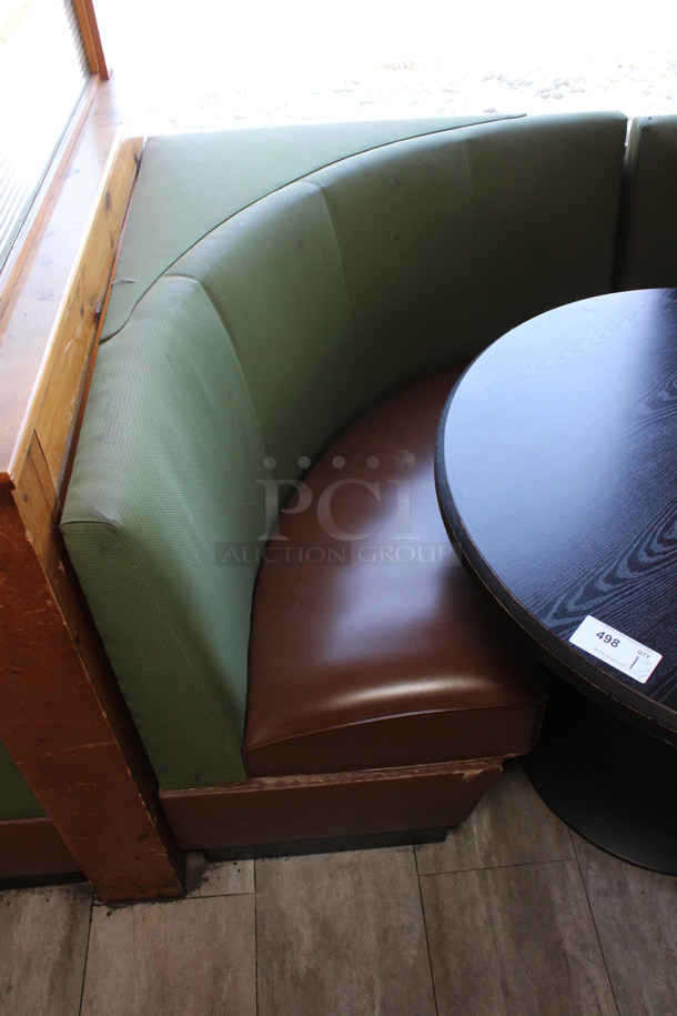ALL ONE MONEY! Lot of Two Single Sided C Shaped Green and Brown Booth Seats w/ Round Dining Height Table. BUYER MUST REMOVE. 48x42x36, 48x84x36, 41.5x41.5x30. (dining room) - Image 2 of 5