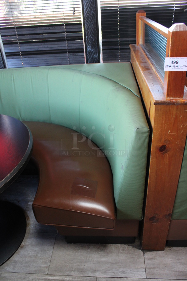 ALL ONE MONEY! Lot of Two Single Sided C Shaped Green and Brown Booth Seats w/ Round Dining Height Table. BUYER MUST REMOVE. 48x42x36, 48x84x36, 41.5x41.5x30. (dining room) - Image 3 of 5