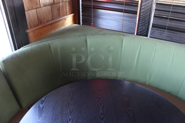 ALL ONE MONEY! Lot of Two Single Sided C Shaped Green and Brown Booth Seats w/ Round Dining Height Table. BUYER MUST REMOVE. 48x42x36, 48x84x36, 41.5x41.5x30. (dining room) - Image 4 of 5