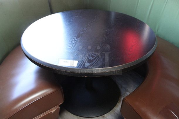 ALL ONE MONEY! Lot of Two Single Sided C Shaped Green and Brown Booth Seats w/ Round Dining Height Table. BUYER MUST REMOVE. 48x42x36, 48x84x36, 41.5x41.5x30. (dining room) - Image 5 of 5