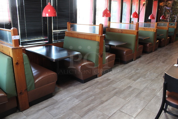 ALL ONE MONEY! Lot of Ten Single Sided Green and Brown Booth Seats w/ 5 Wall Mount Tables and 6 Wooden End Caps. BUYER MUST REMOVE. 51x31x53, 48x27x30. (dining room) - Image 1 of 9
