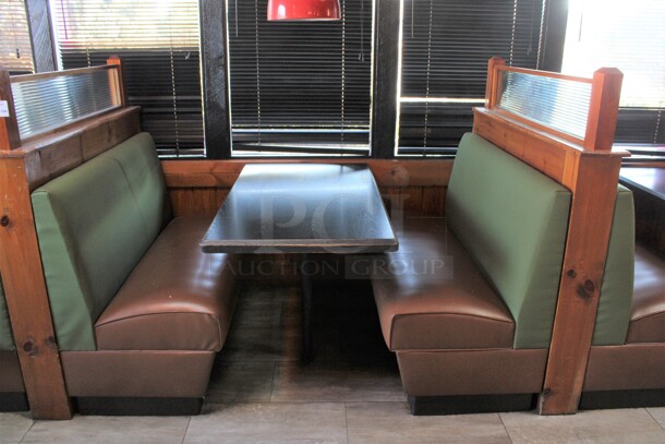 ALL ONE MONEY! Lot of Ten Single Sided Green and Brown Booth Seats w/ 5 Wall Mount Tables and 6 Wooden End Caps. BUYER MUST REMOVE. 51x31x53, 48x27x30. (dining room) - Image 2 of 9