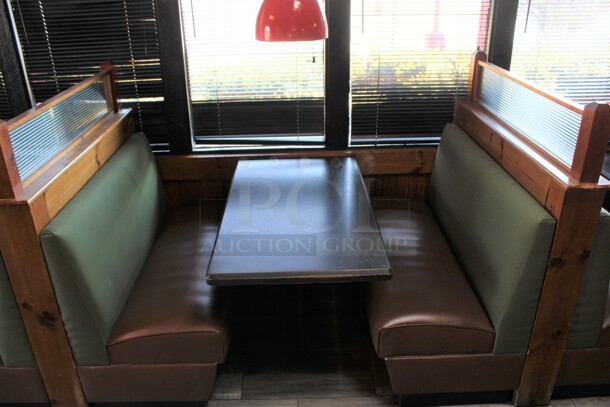 ALL ONE MONEY! Lot of Ten Single Sided Green and Brown Booth Seats w/ 5 Wall Mount Tables and 6 Wooden End Caps. BUYER MUST REMOVE. 51x31x53, 48x27x30. (dining room) - Image 3 of 9