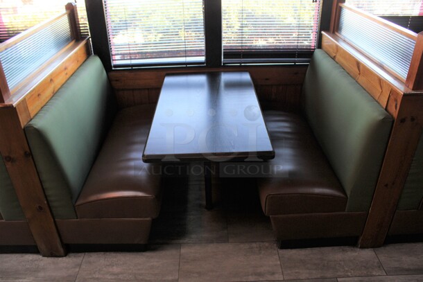 ALL ONE MONEY! Lot of Ten Single Sided Green and Brown Booth Seats w/ 5 Wall Mount Tables and 6 Wooden End Caps. BUYER MUST REMOVE. 51x31x53, 48x27x30. (dining room) - Image 4 of 9
