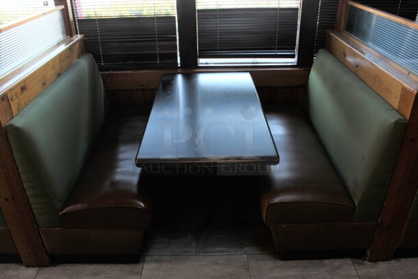 ALL ONE MONEY! Lot of Ten Single Sided Green and Brown Booth Seats w/ 5 Wall Mount Tables and 6 Wooden End Caps. BUYER MUST REMOVE. 51x31x53, 48x27x30. (dining room) - Image 5 of 9