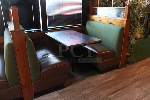 ALL ONE MONEY! Lot of Ten Single Sided Green and Brown Booth Seats w/ 5 Wall Mount Tables and 6 Wooden End Caps. BUYER MUST REMOVE. 51x31x53, 48x27x30. (dining room) - Image 6 of 9