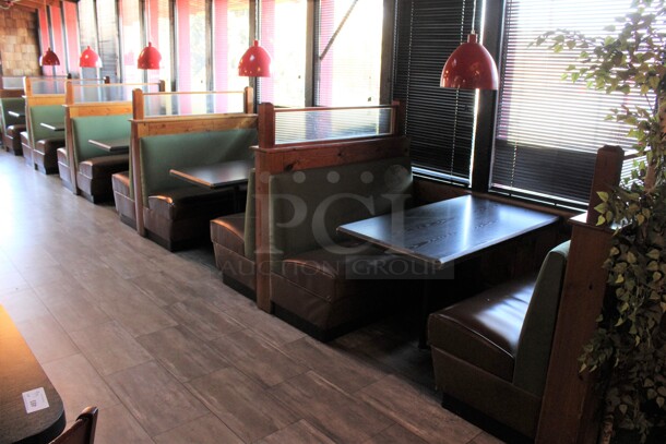 ALL ONE MONEY! Lot of Ten Single Sided Green and Brown Booth Seats w/ 5 Wall Mount Tables and 6 Wooden End Caps. BUYER MUST REMOVE. 51x31x53, 48x27x30. (dining room) - Image 7 of 9