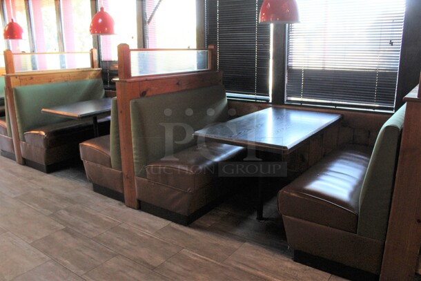 ALL ONE MONEY! Lot of Ten Single Sided Green and Brown Booth Seats w/ 5 Wall Mount Tables and 6 Wooden End Caps. BUYER MUST REMOVE. 51x31x53, 48x27x30. (dining room) - Image 8 of 9