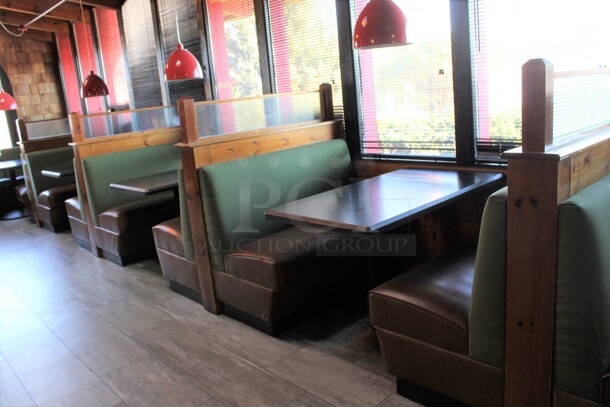 ALL ONE MONEY! Lot of Ten Single Sided Green and Brown Booth Seats w/ 5 Wall Mount Tables and 6 Wooden End Caps. BUYER MUST REMOVE. 51x31x53, 48x27x30. (dining room) - Image 9 of 9
