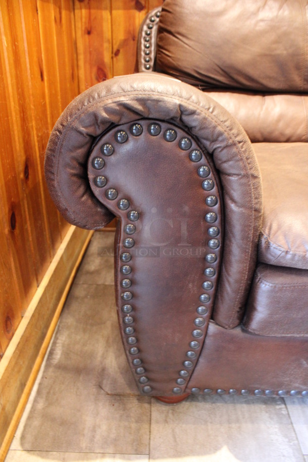 Brown 2 Person Couch w/ Nailhead Trim. 67x38x38. (dining room) - Image 4 of 5