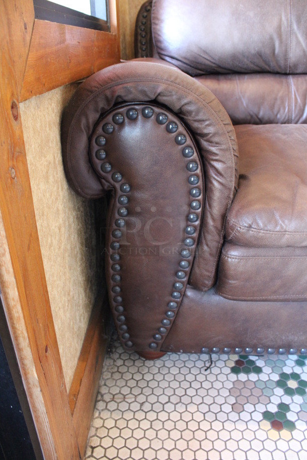 Brown 3 Person Couch w/ Nailhead Trim. 84x39x38. (vestibule) - Image 4 of 5